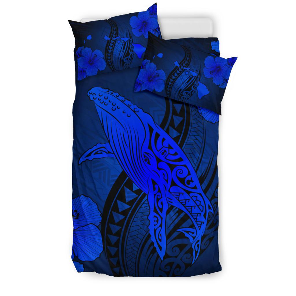 Hawaiian Map Whale Swim Hibiscus Polynesian Bedding Set - Blue - Polynesian Pride
