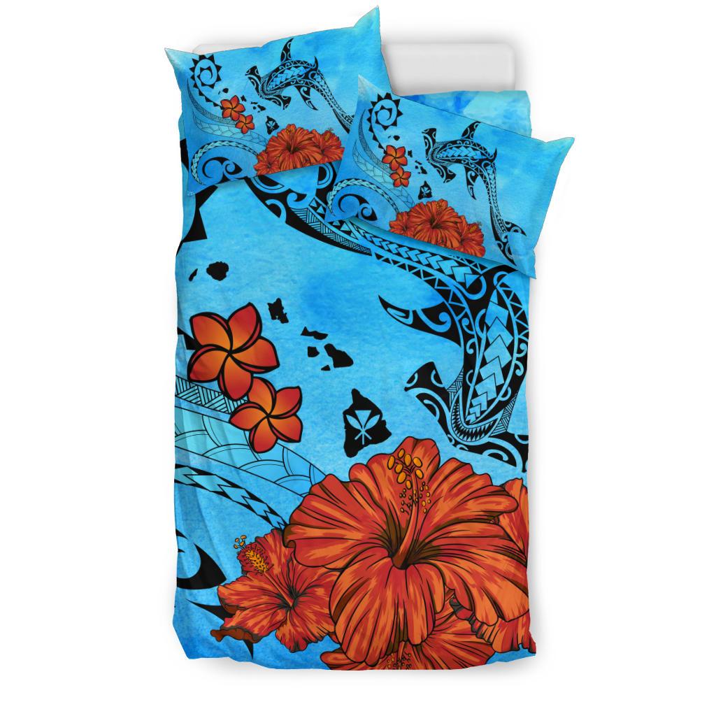 Polynesian Map Kanaka Hammerhead Shark Hibiscus Plumeria Bedding Set - Polynesian Pride