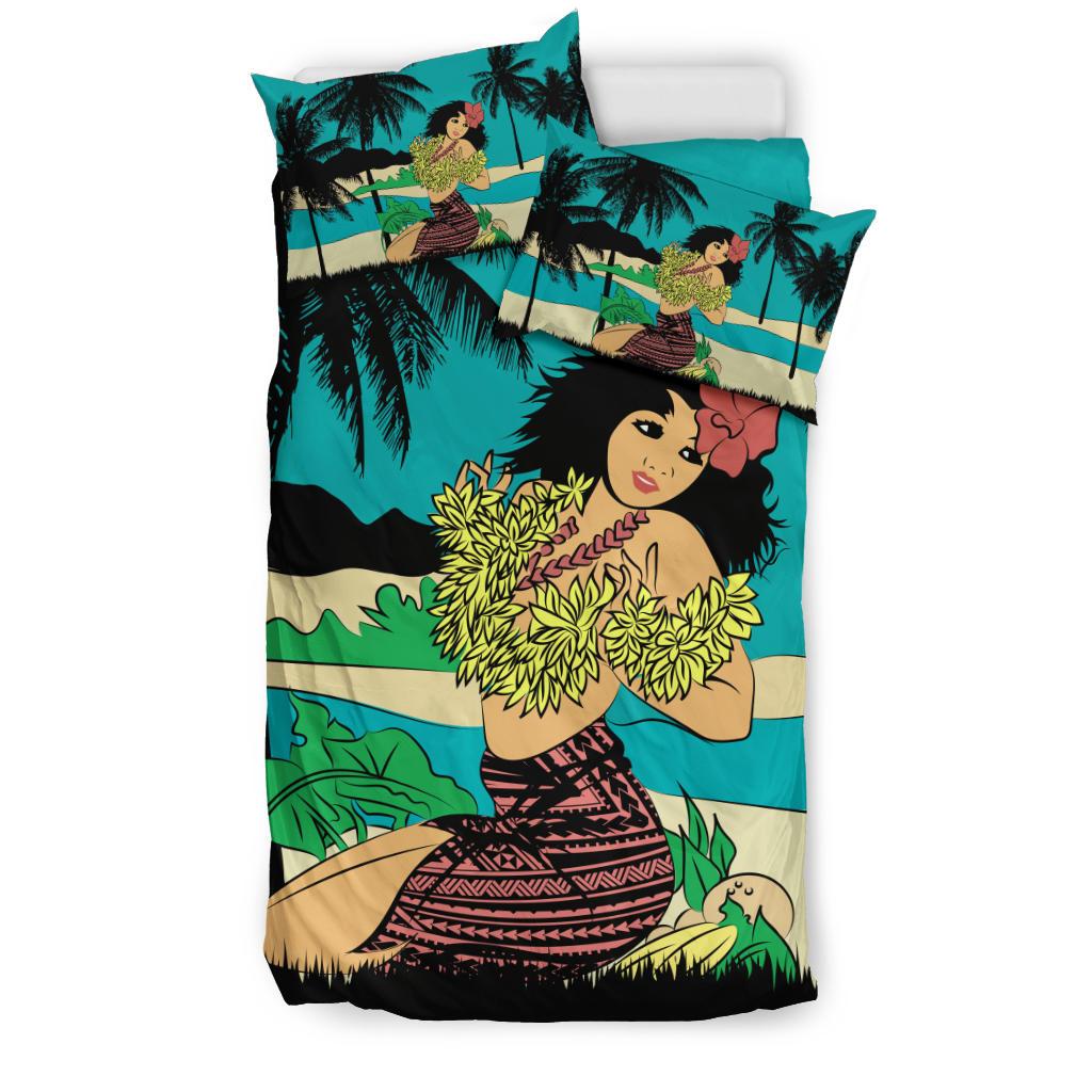 Hawaiian Sea Hula Girl Plumeria Coconut Tree Polynesian Bedding Set - Polynesian Pride