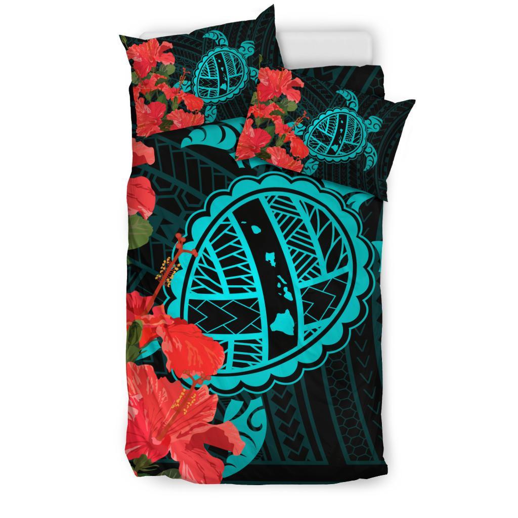 Hawaiian Map Sea Turtle Waves Hibiscus Polynesian Bedding Set - Polynesian Pride