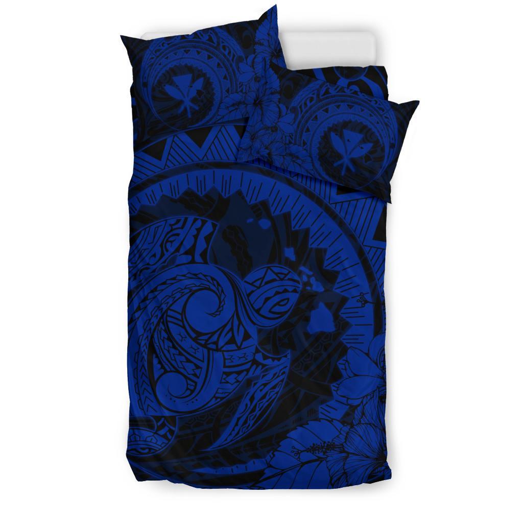 Hawaiian Map Kanaka Honu Hibiscus Blue Globular Polynesian Bedding Set - Polynesian Pride