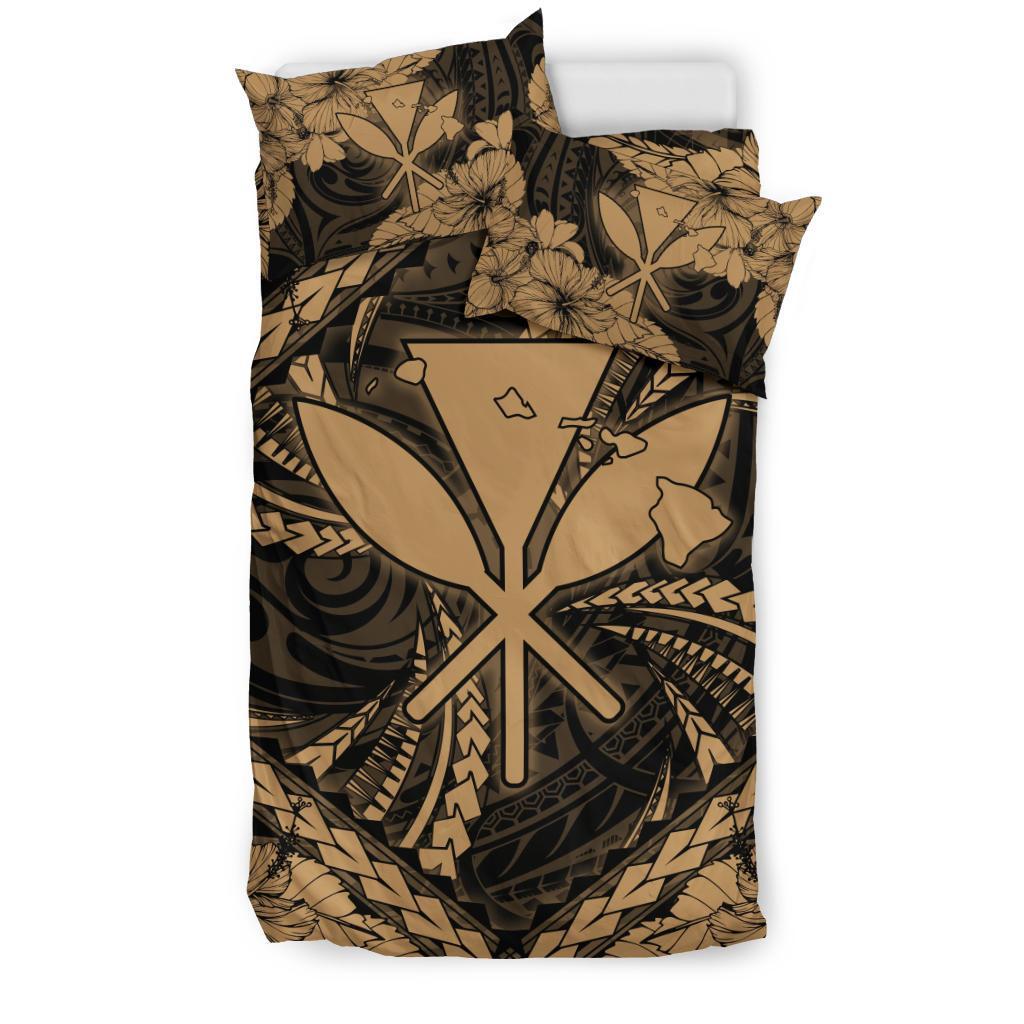Hawaiian Map Kanaka Hibiscus Gold Polynesian Bedding Set - Polynesian Pride