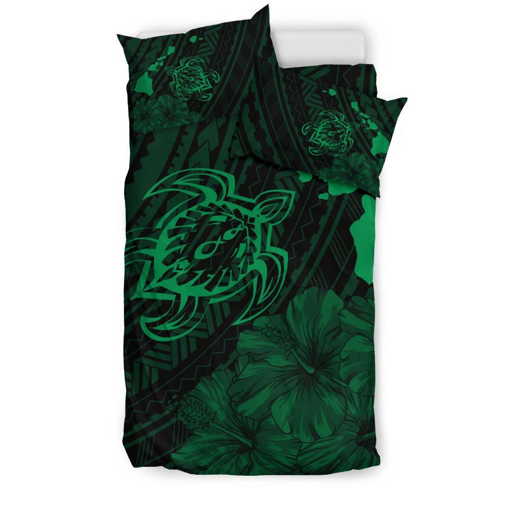 Hawaiian Map Sea Turtle Is Swimming Toward Polynesian Bedding Set Green - Polynesian Pride