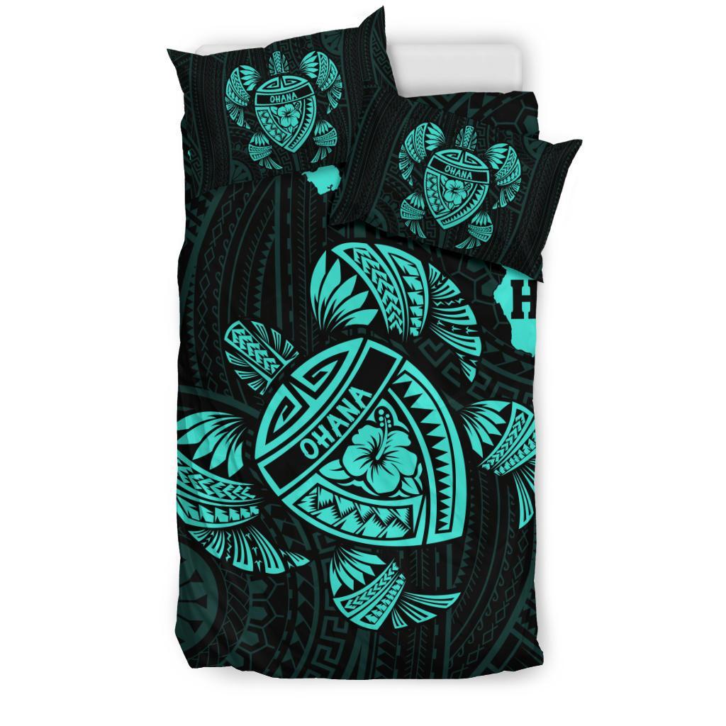 Hawaiian Map Turtle Ohana Hibicus Polynesian Bedding Set - Turquoise - Polynesian Pride