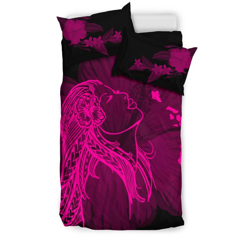 Hawaiian Map Heart Hula Girl Hibiscus Polynesian Bedding Set - Pink - Polynesian Pride