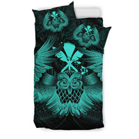 Hawaiian Map Owl Kanaka Bedding Set - Pueo Aumakua - Turquoise - Polynesian Pride