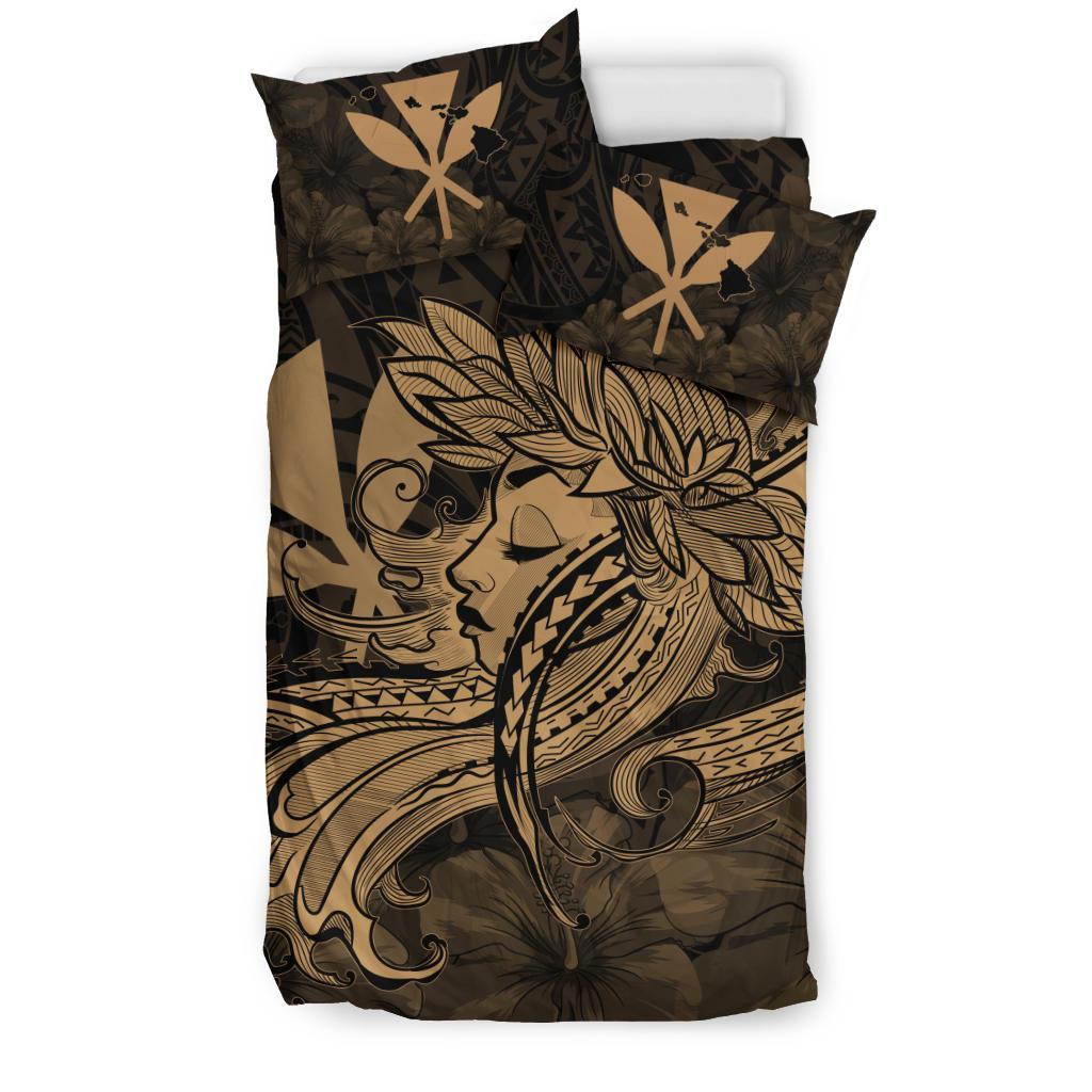Hawaiian Map Hula Girl Hibiscus Kanaka Polynesian Bedding Set - Gold - Polynesian Pride