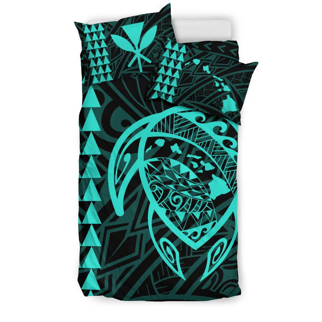 Hawaiian Map Kakau Turtle Kanaka Polynesian Bedding Set - Turquoise - Polynesian Pride