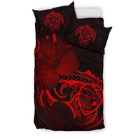 Hawaiian Map Turtle Hibiscus Divise Red Polynesian Bedding Set - Polynesian Pride