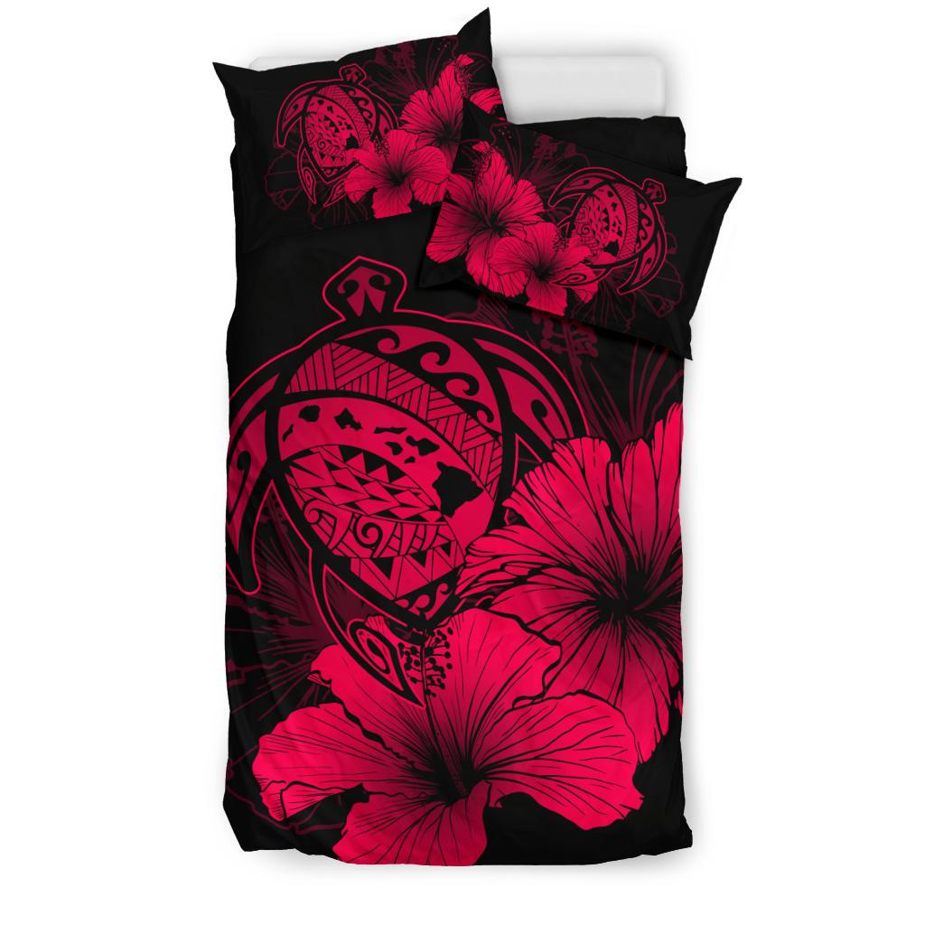 Hawaiian Map Hibiscus Turtle Polynesian Bedding Set - Calico Red - Polynesian Pride