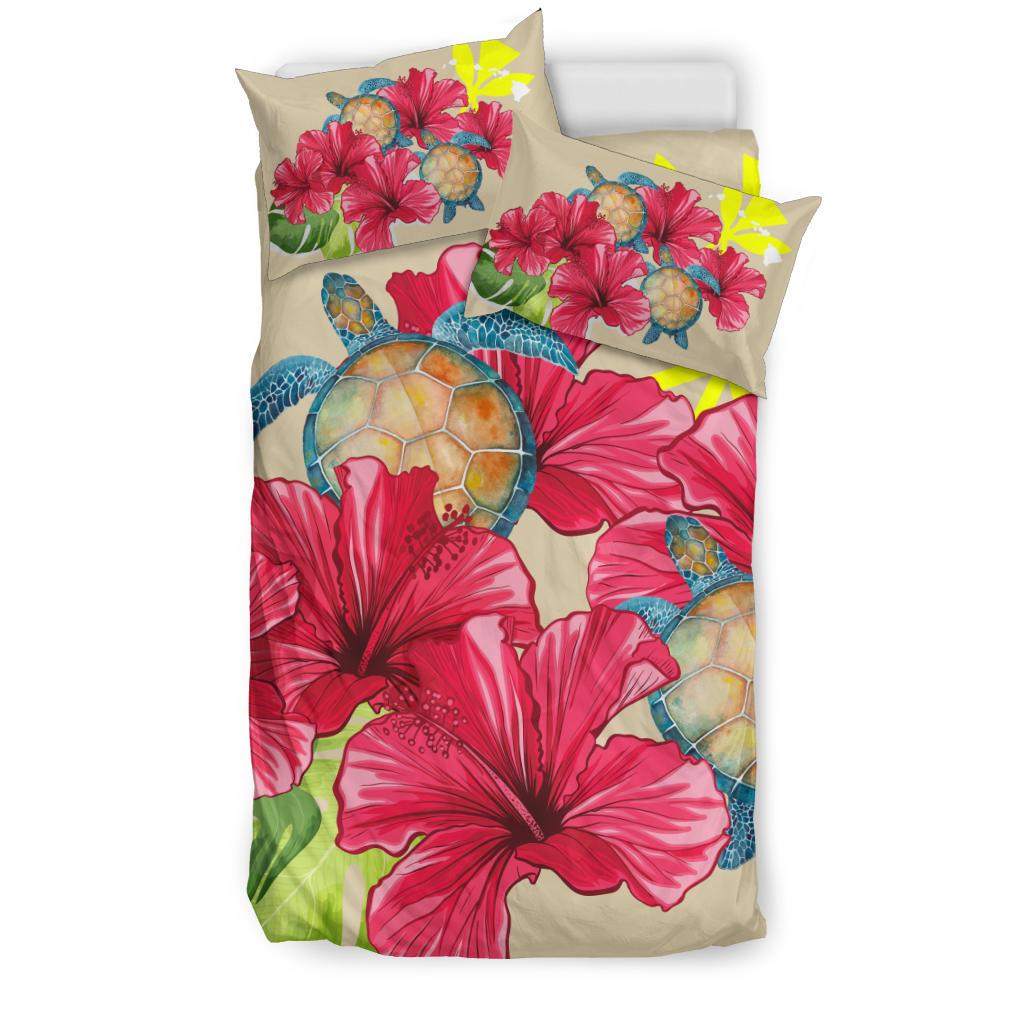 Hawaii Turtle Hibiscus Beige Simple Style - Bedding Set AH - Polynesian Pride