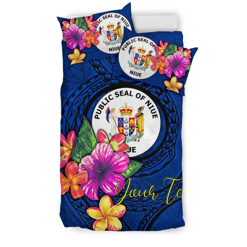 Polynesian Custom Personalised Bedding Set - Niue Duvet Cover Set Floral With Seal Blue - Polynesian Pride