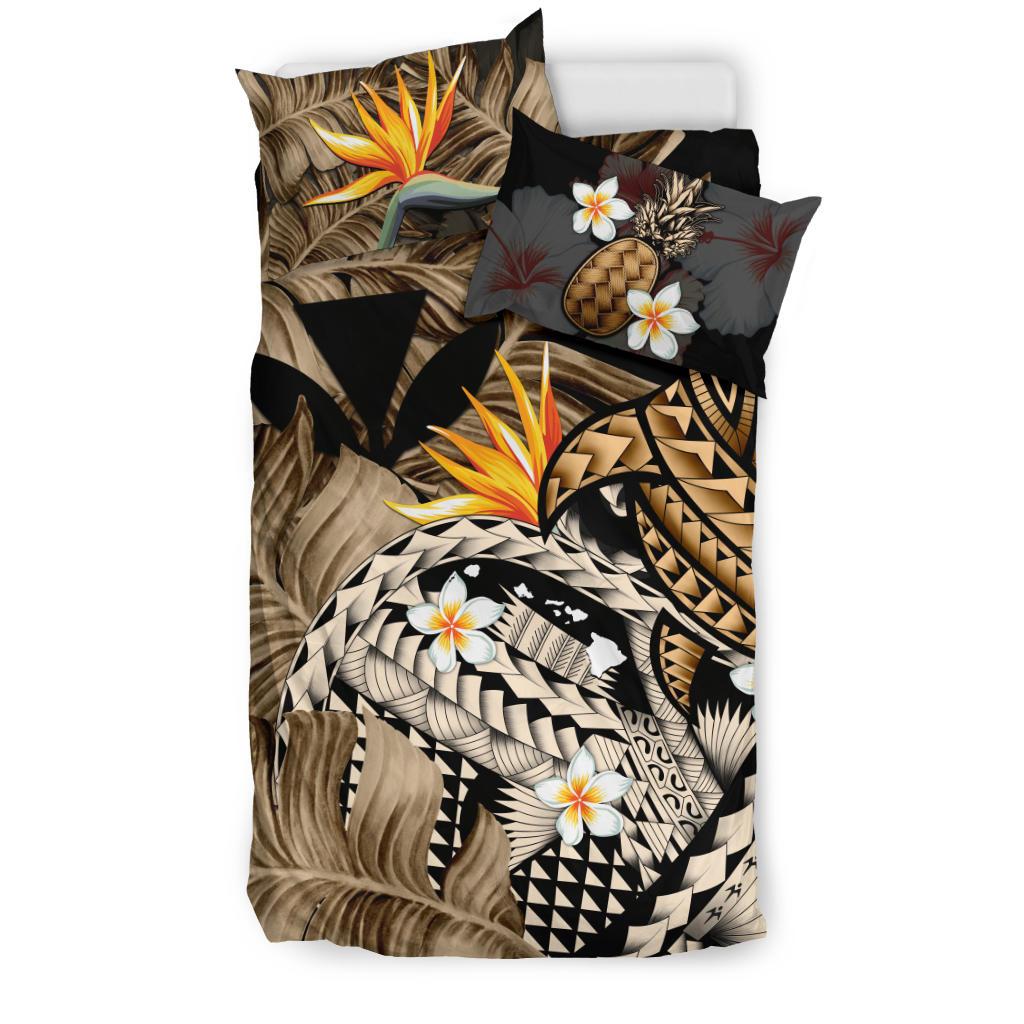 Kanaka Maoli (Hawaiian) Bedding Set, Polynesian Pineapple Banana Leaves Turtle Tattoo Gold - Polynesian Pride