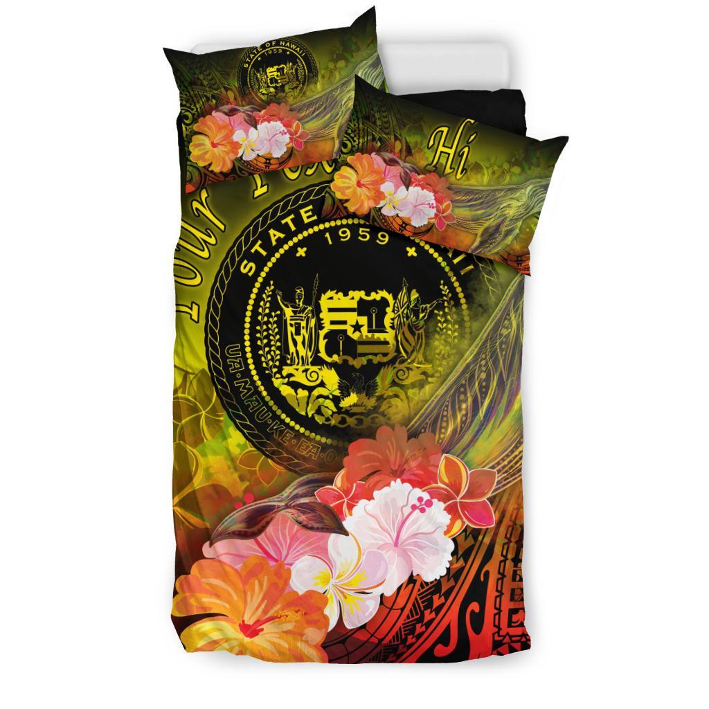 Polynesian Hawaii Custom Personalised Bedding Set - Humpback Whale with Tropical Flowers (Yellow) - Polynesian Pride