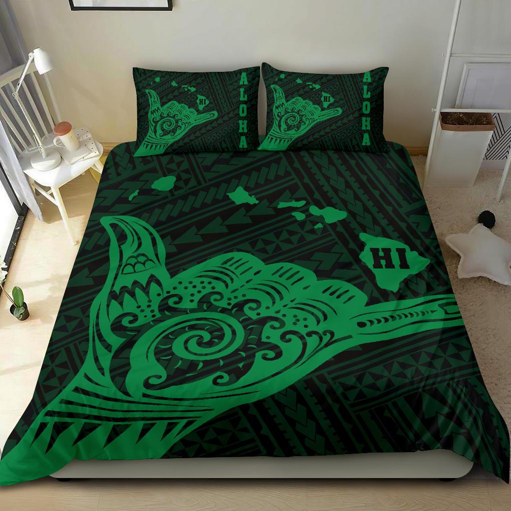 Hawaiian Map Shaka Green Polynesian Bedding Set - Polynesian Pride