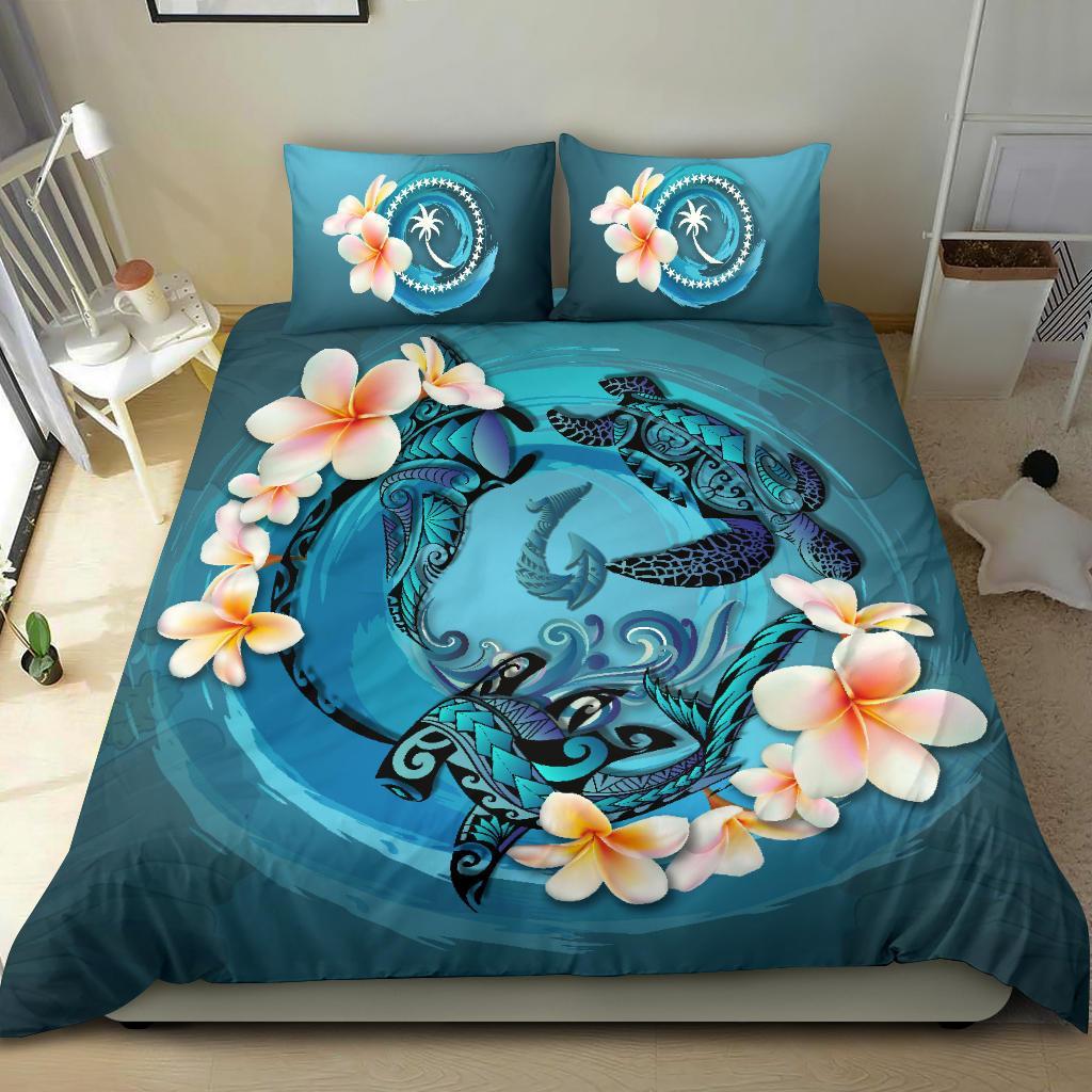 Polynesian Duvet Cover Set - Chuuk Bedding Set Blue Plumeria Animal Tattoo - Polynesian Pride