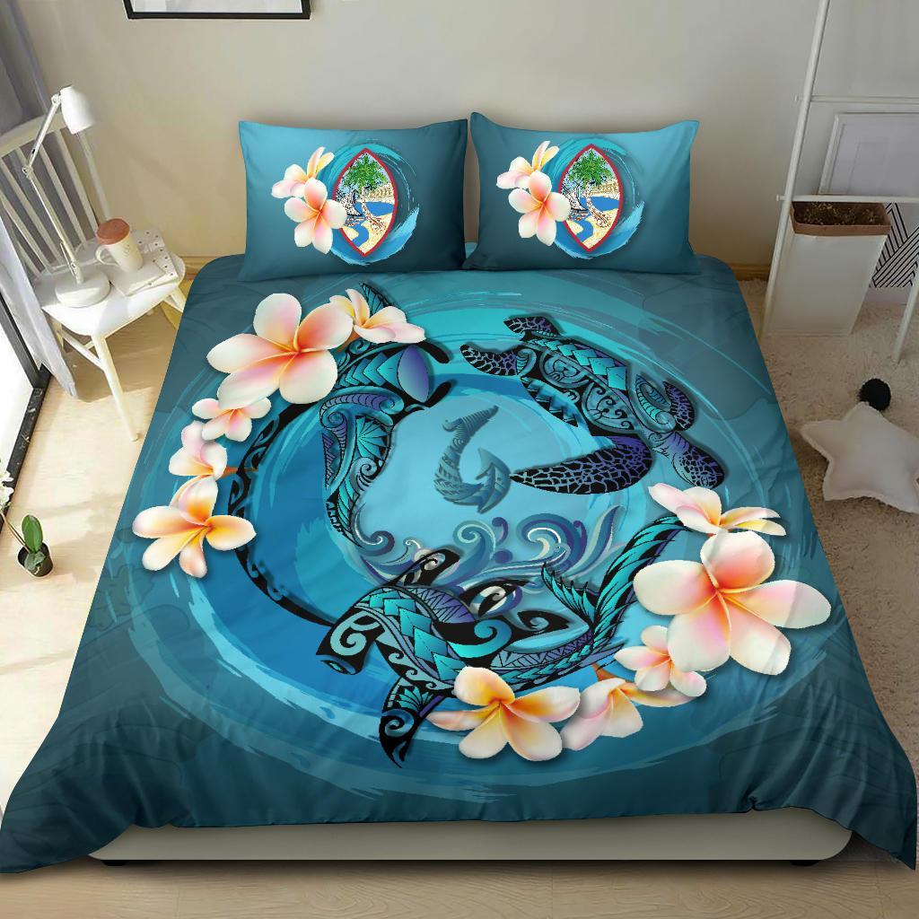 Polynesian Duvet Cover Set - Guam Bedding Set Blue Plumeria Animal Tattoo - Polynesian Pride