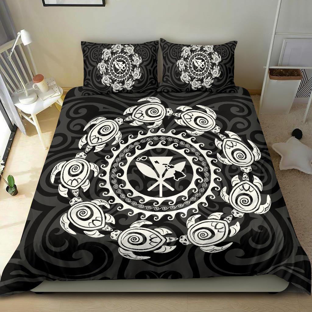 Hawaiian Map Kanaka Turtles Circle Style White Polynesian Bedding Set - Polynesian Pride