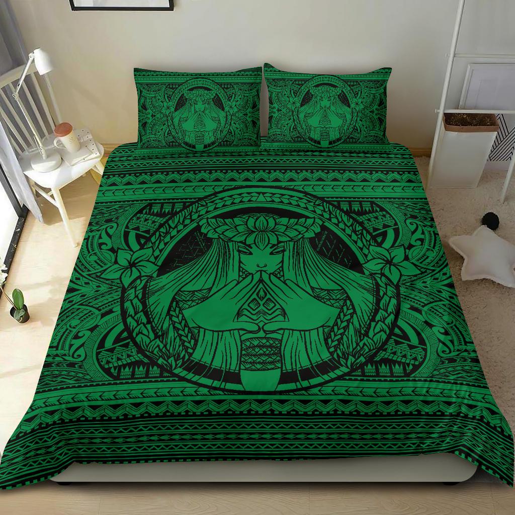 Hawaiian Madame Pele Plumeria Polynesian Bedding Set Green - Polynesian Pride