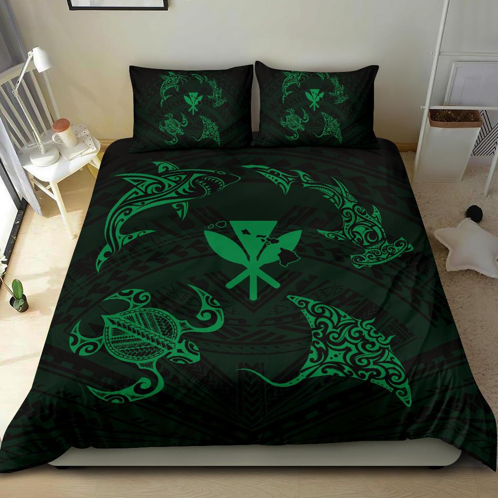 Polynesian Turtle Hammerhead Shark Ray Kanaka Hawaii Bedding Set Circle Green - Polynesian Pride