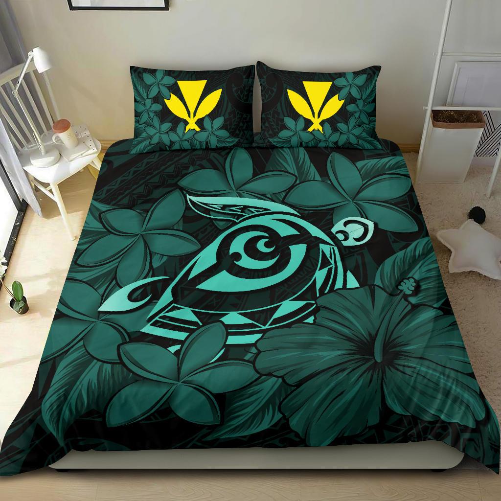 Hawaiian Turtle Hibiscus Plumeria Kanaka Polynesian Bedding Set Turquoise - Soft Style - Polynesian Pride