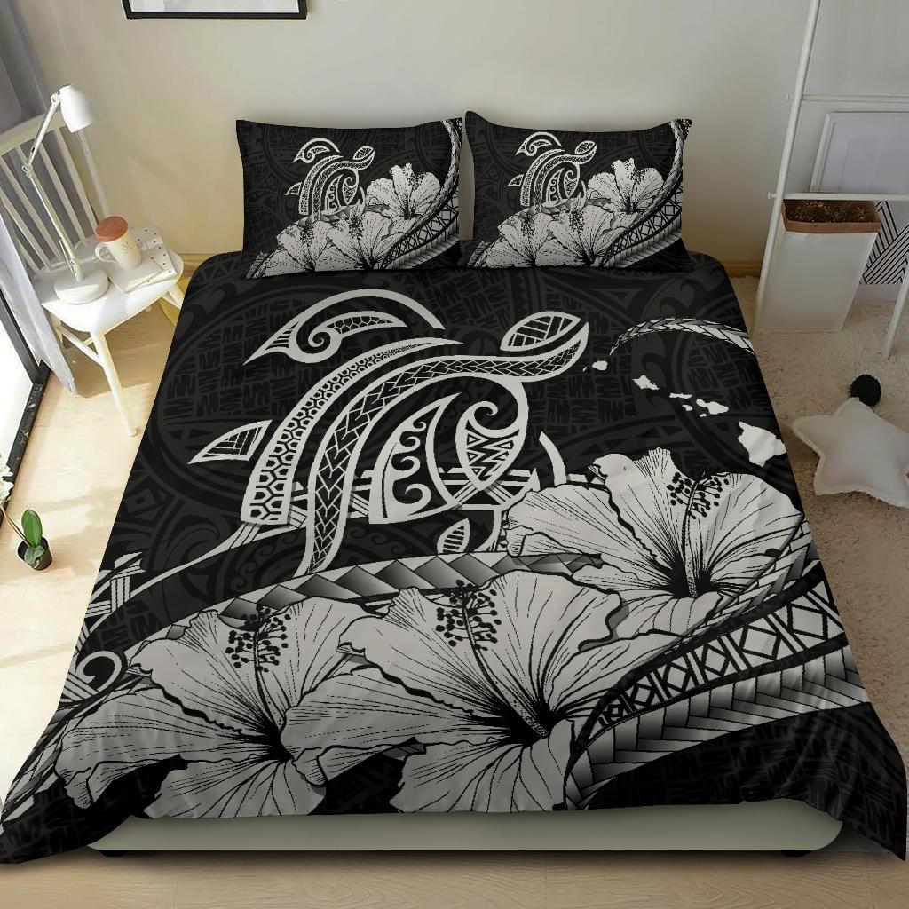 Hawaiian Map Hibiscus Turtle Polynesian Bedding Set Gray - Polynesian Pride
