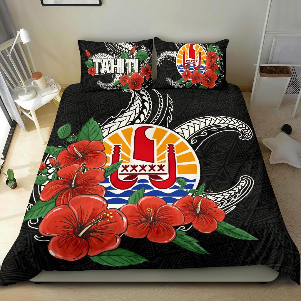 Polynesian Bedding Set - Tahiti Duvet Cover Set - Hibiscus Coat of Arm Black BLACK - Polynesian Pride