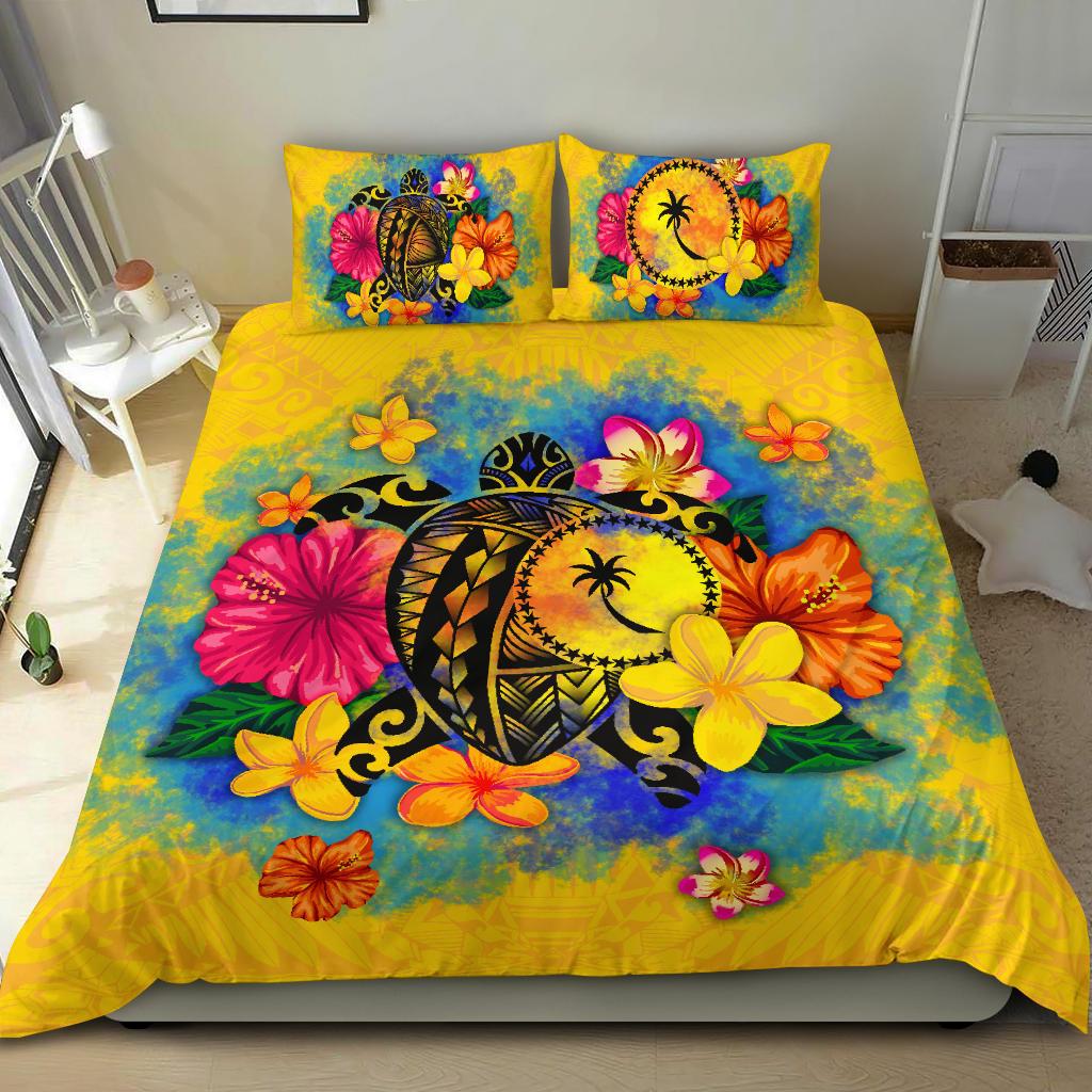 Chuuk Polynesian Bedding Set - Turtle with Plumeria and Hibiscus Yellow - Polynesian Pride