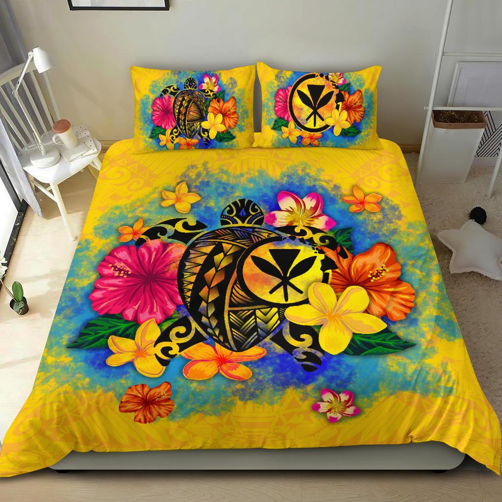 Kanaka Maoli Polynesian Bedding Set - Turtle with Plumeria and Hibiscus Yellow - Polynesian Pride