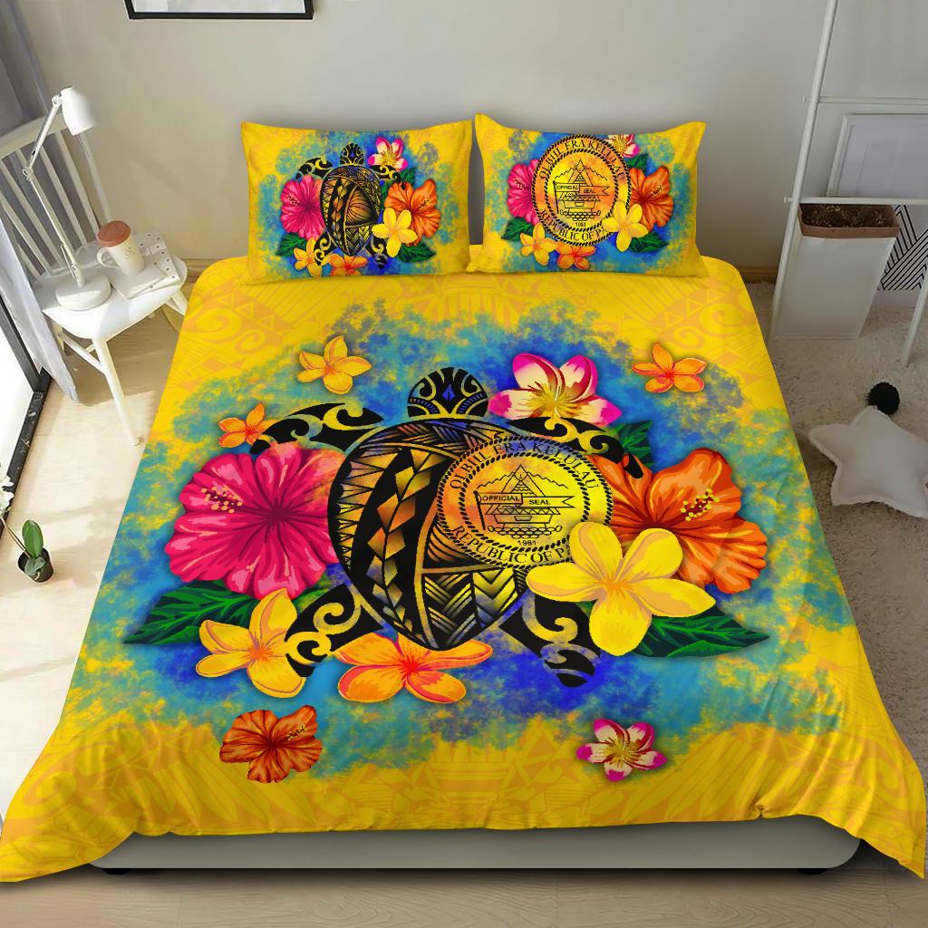 Palau Polynesian Bedding Set - Turtle with Plumeria and Hibiscus Yellow - Polynesian Pride