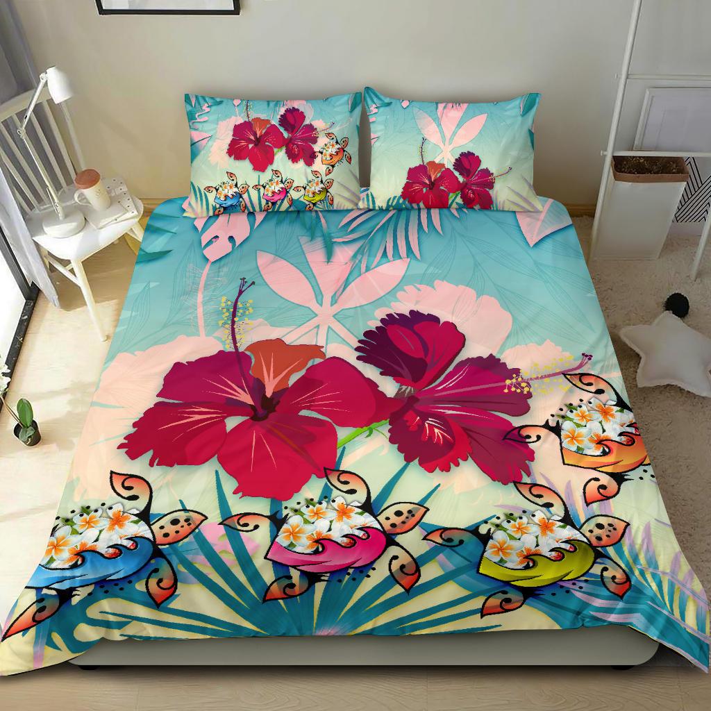 Polynesian Bedding Set - Hawaii Duvet Cover Set - Plumeria Turtles with Hibiscus BLUE - Polynesian Pride