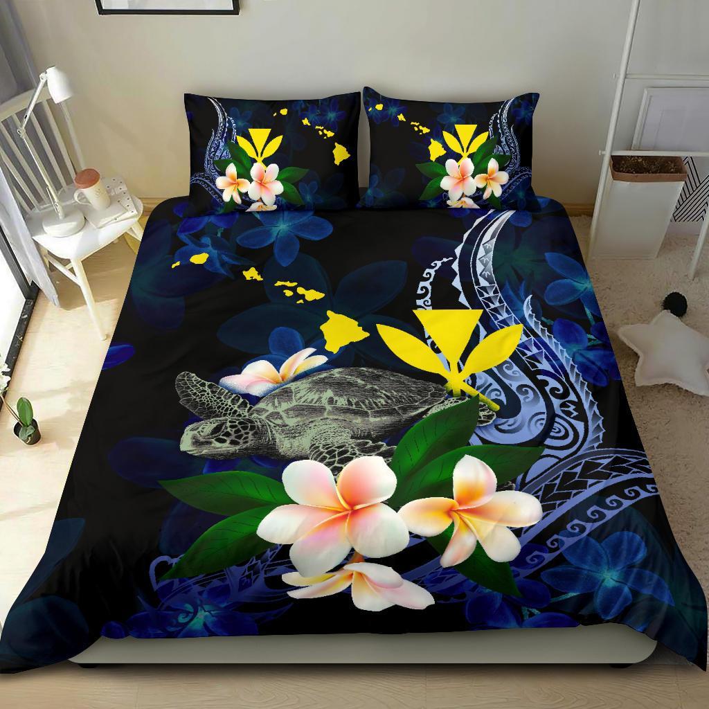 Polynesian Hawaii Bedding Set - Turtle With Plumeria Flowers Blue - Polynesian Pride