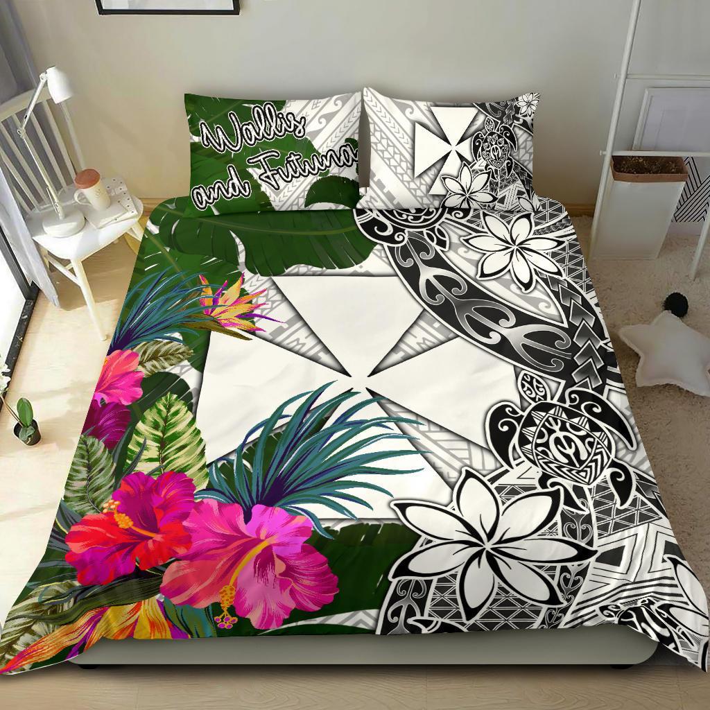 Wallis And Futuna Bedding Set White - Turtle Plumeria Banana Leaf White - Polynesian Pride