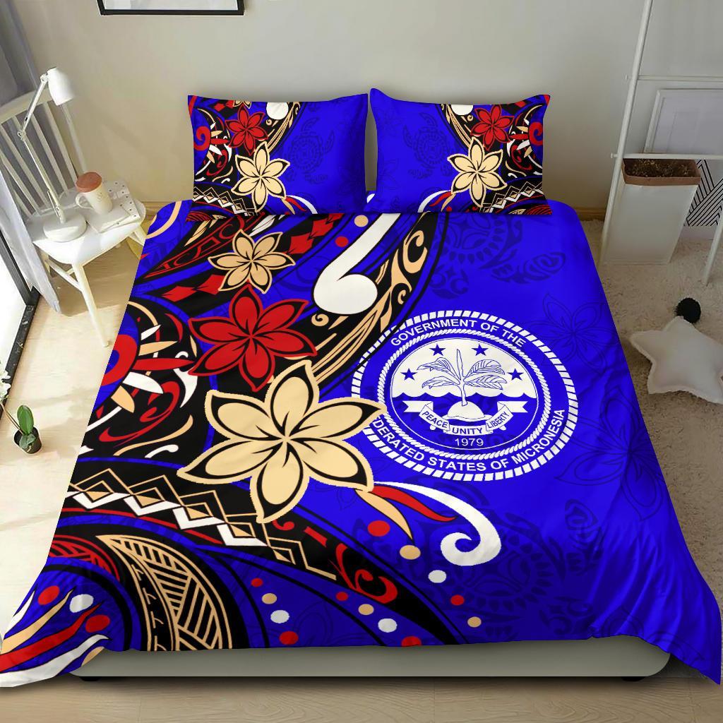 Federated States Of Micronesia Bedding Set - Tribal Flower With Special Turtles Blue Color Blue - Polynesian Pride