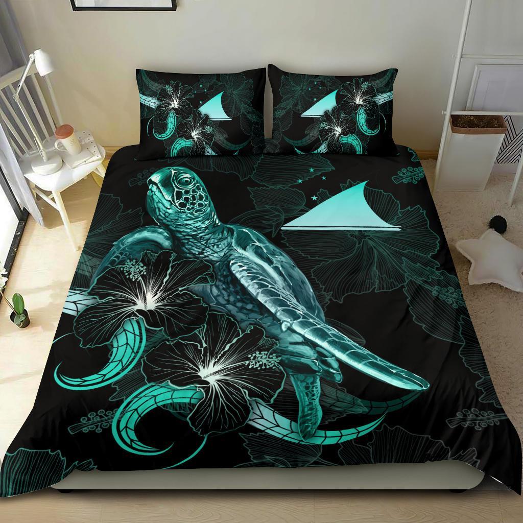 Tokelau Polynesian Bedding Set - Turtle With Blooming Hibiscus Turquoise - Polynesian Pride