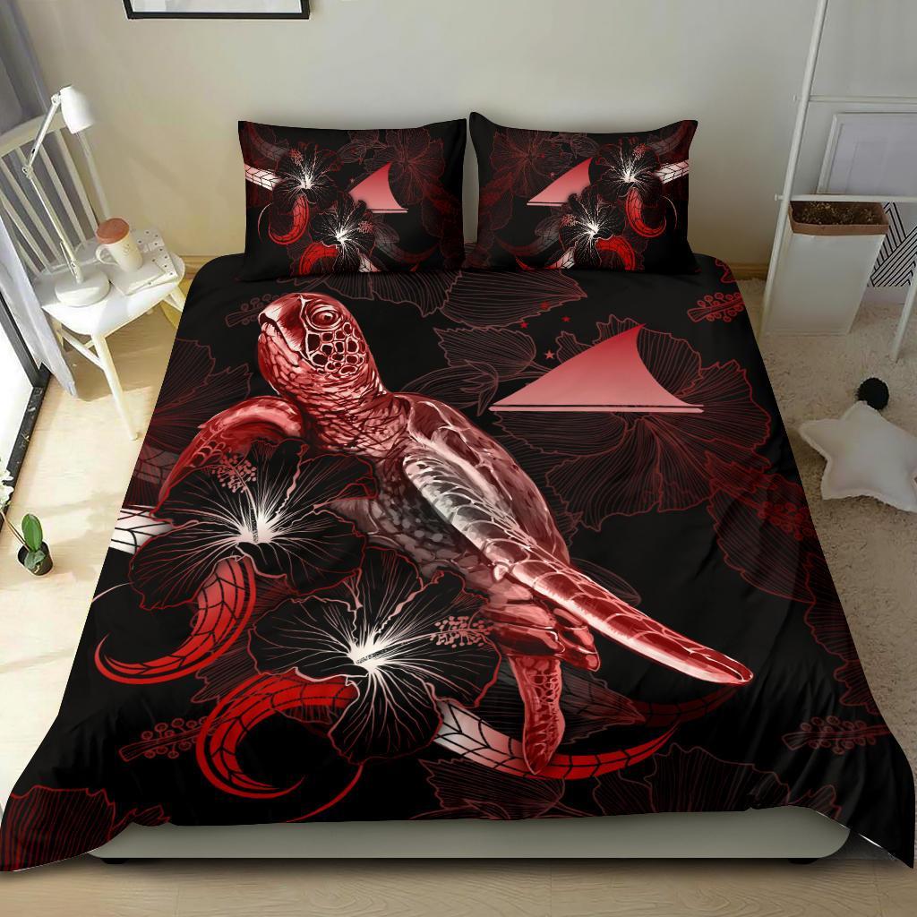 Tokelau Polynesian Bedding Set - Turtle With Blooming Hibiscus Red - Polynesian Pride
