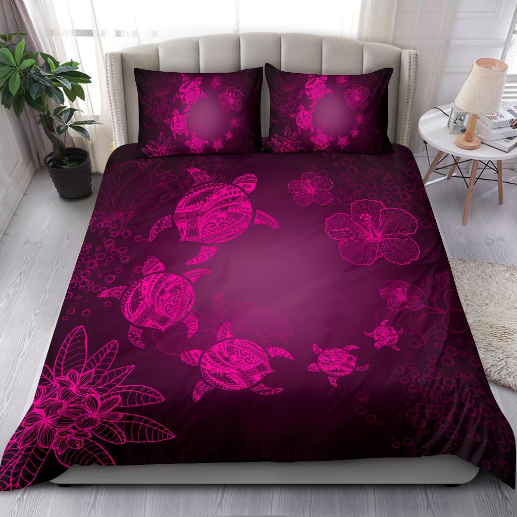 Hawaiian Plumeria Hibiscus Turtle Under The Sea Polynesian Bedding Set Pink - Polynesian Pride