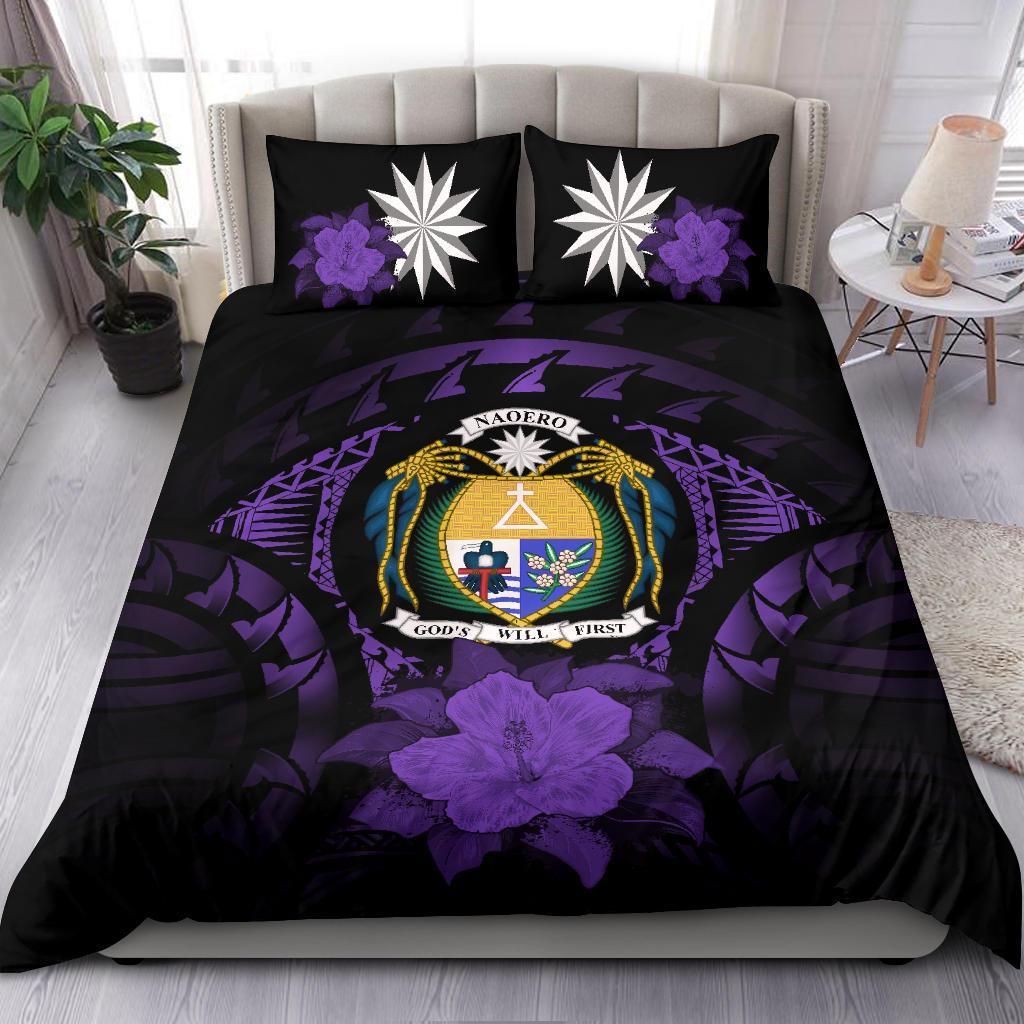 Nauru Duvet Cover Set - Nauru Coat Of Arms & Purple Hibiscus - Polynesian Pride