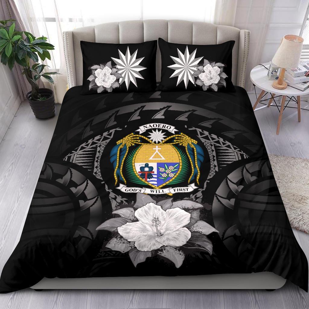 Nauru Duvet Cover Set - Nauru Coat Of Arms & Gray Hibiscus - Polynesian Pride