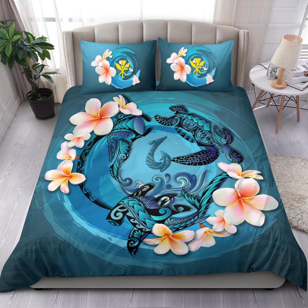 Hawaii Bedding Set, Blue Plumeria Animal Turtle Tattoo Blue - Polynesian Pride