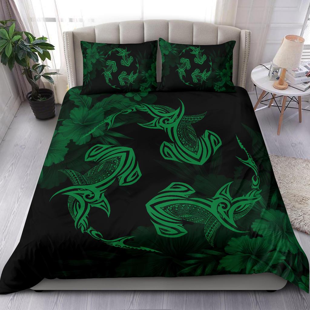 Hawaiian Hammerhead Shark Hibiscus Green Polynesian Bedding Set - Polynesian Pride