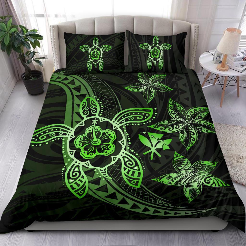Hawaiian Map Art Turtle Kanaka Hibiscus Plumeria Green Polynesian Bedding Set - Polynesian Pride