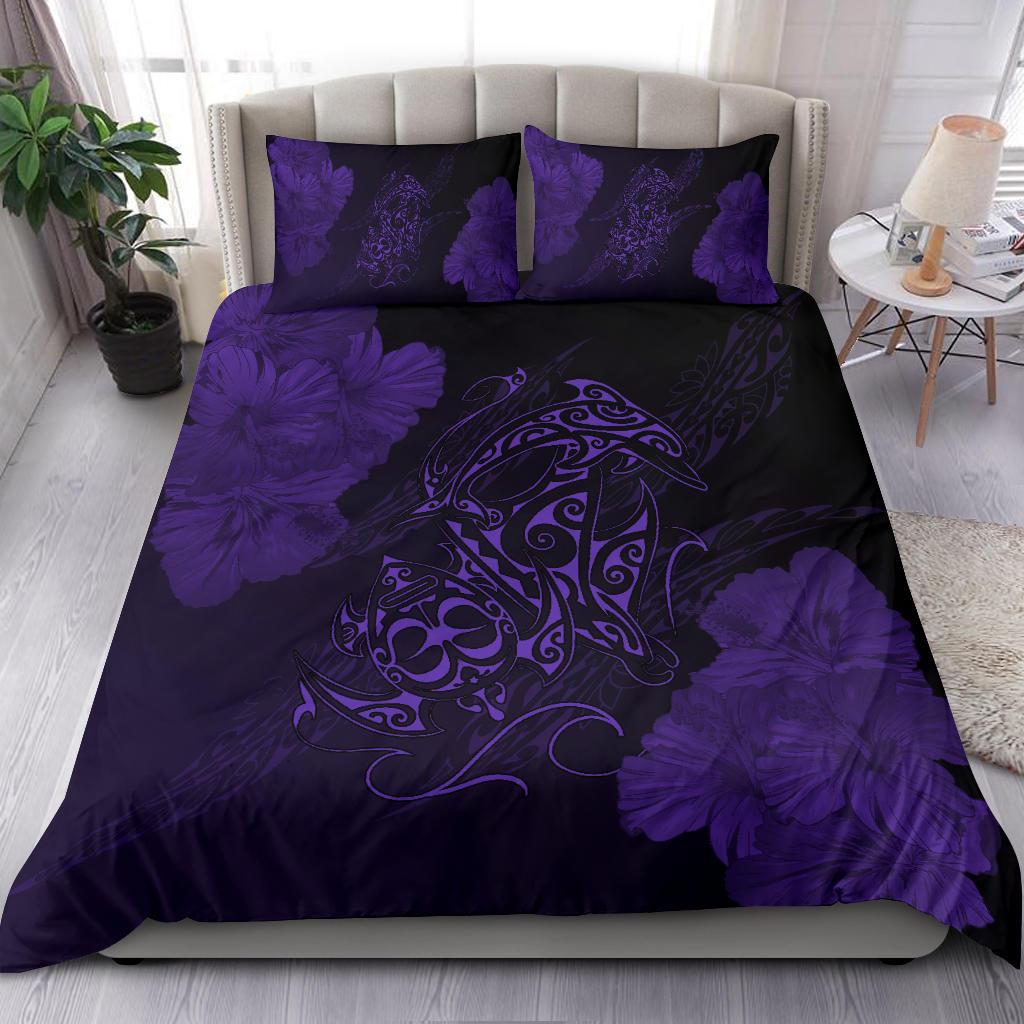 Hawaiian Hibiscus Dolphin Manta Ray Turtle Polynesian Bedding Set Waves Purple - Polynesian Pride