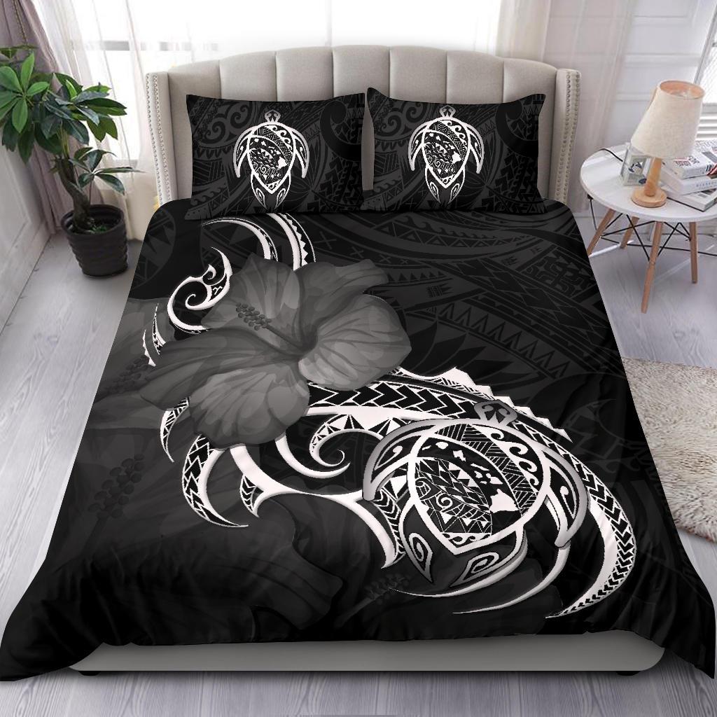 Hawaiian Map Turtle Hibiscus Divise White Polynesian Bedding Set - Polynesian Pride