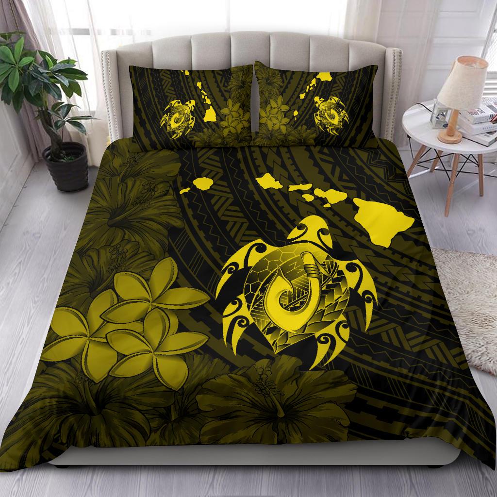 Hawaiian Map Turtle Plumeria Hibiscus Fish Hook Polynesian Bedding Set Yellow - Polynesian Pride
