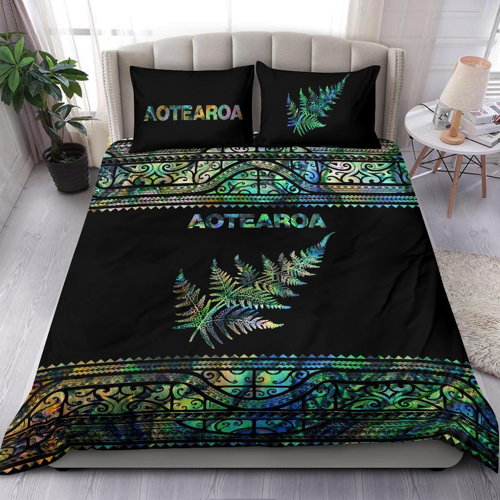 Aotearoa New Zealand Maori Bedding Set Silver Fern - Paua Shell Black - Polynesian Pride