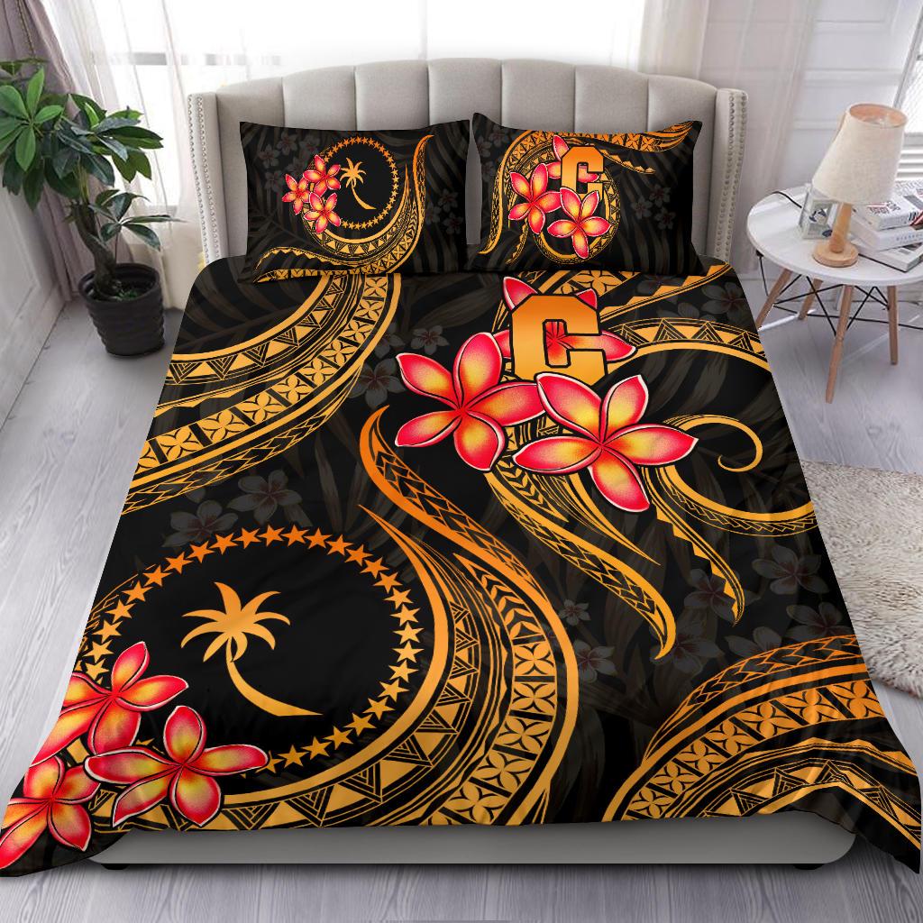 Micronesian Bedding Set - Chuuk Duvet Cover Set - Gold Plumeria BLACK - Polynesian Pride