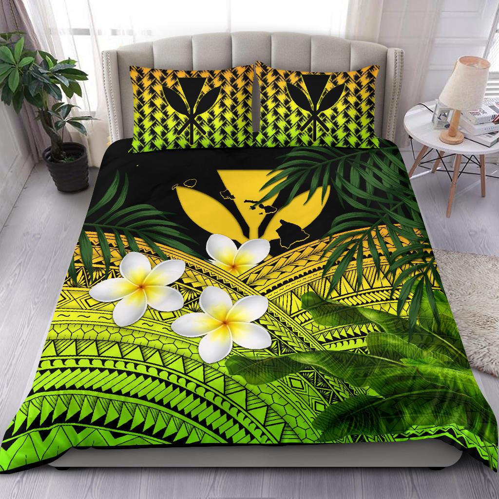 Kanaka Maoli (Hawaiian) Bedding Set, Polynesian Plumeria Banana Leaves Yellow Yellow - Polynesian Pride