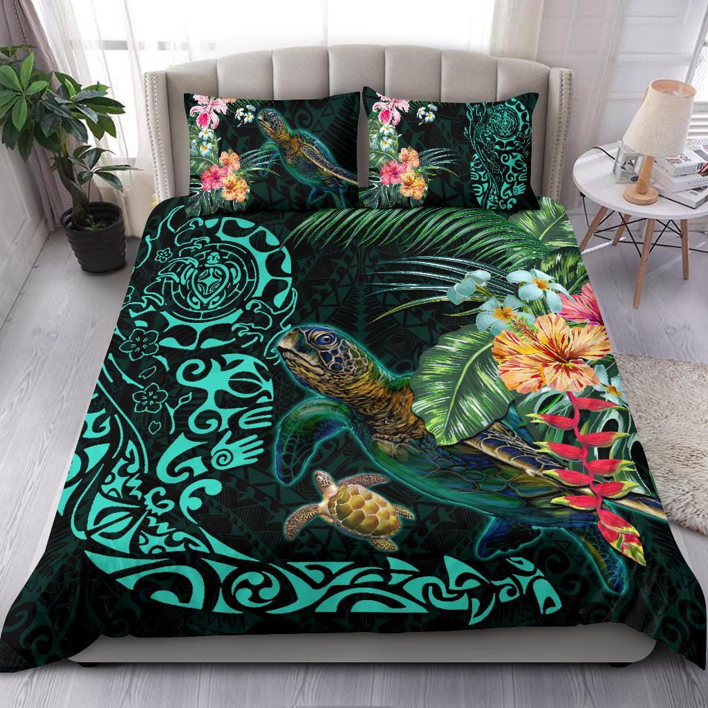 Tiki Polynesian Bedding Set Turtle Hibiscus Black - Polynesian Pride