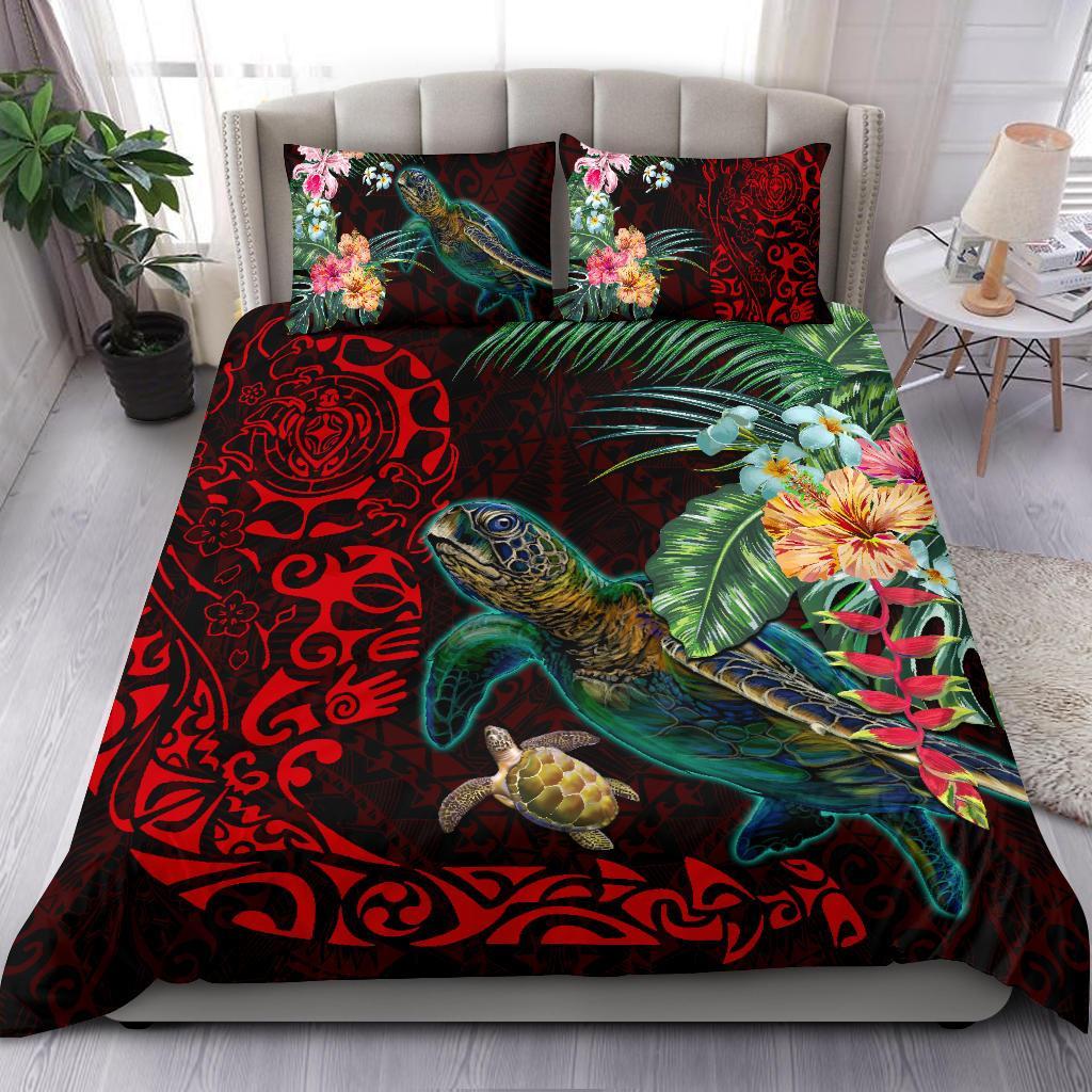 Tiki Polynesian Bedding Set Turtle Hibiscus - Red Red - Polynesian Pride